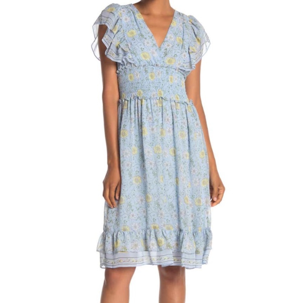 Max Studio Floral SmockedWaist FlutterSleeve Dress